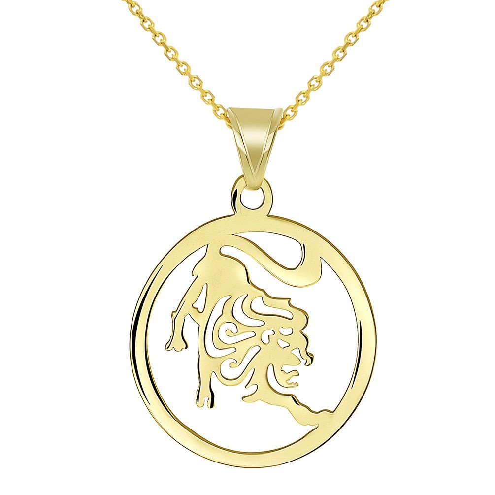 Solid 14k Yellow Gold Dainty Round Leo Zodiac Symbol Cut-Out Lion Pendant Necklace