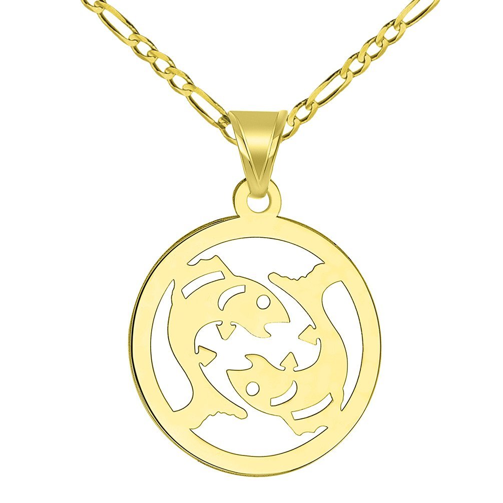 14k Yellow Gold Dainty Round Pisces Zodiac Symbol Cut-Out Fish Pendant with Figaro Chain Necklace