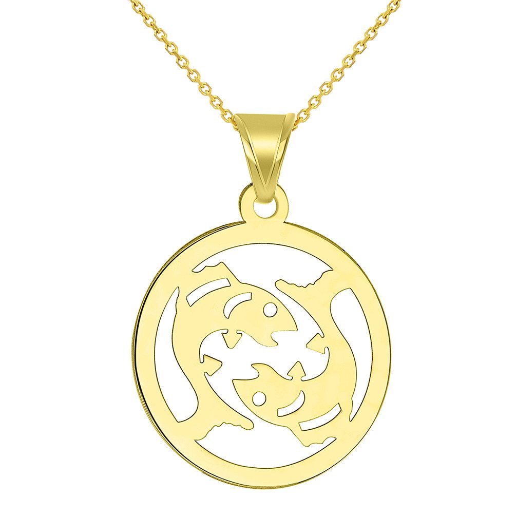 14k Yellow Gold Dainty Round Pisces Zodiac Symbol Cut-Out Fish Pendant Necklace
