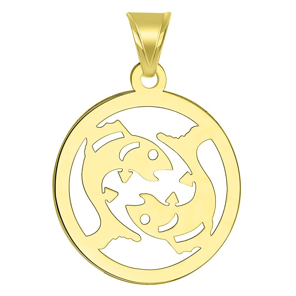 14k Yellow Gold Dainty Round Pisces Zodiac Symbol Cut-Out Fish Pendant