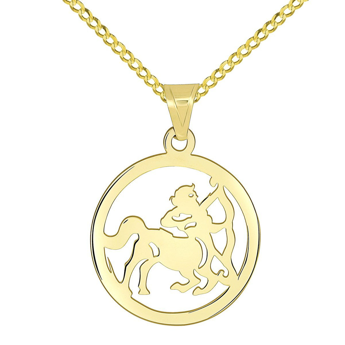 14k Yellow Gold Dainty Round Sagittarius Zodiac Sign Cut-Out Disc Pendant with Cuban Chain Necklace