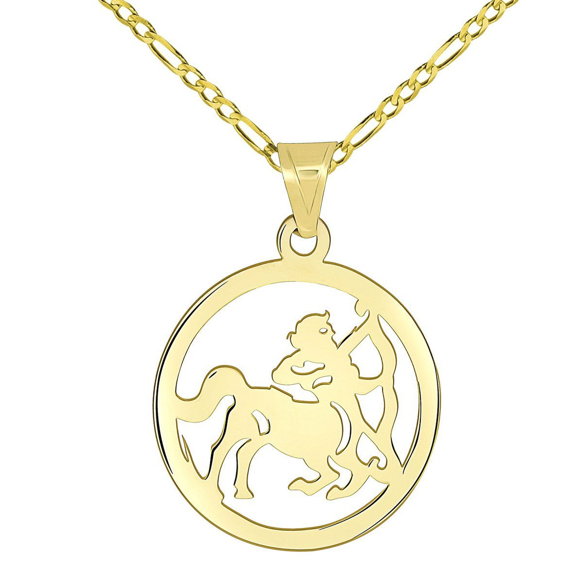 14k Yellow Gold Dainty Round Sagittarius Zodiac Sign Cut-Out Disc Pendant with Figaro Chain Necklace