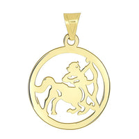 Load image into Gallery viewer, 14k Yellow Gold Dainty Round Sagittarius Zodiac Sign Cut-Out Disc Pendant with Figaro Chain Necklace
