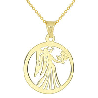 Load image into Gallery viewer, 14k Yellow Gold Dainty Round Virgo Holding Wheat Zodiac Sign Cut-Out Disc Pendant Necklace
