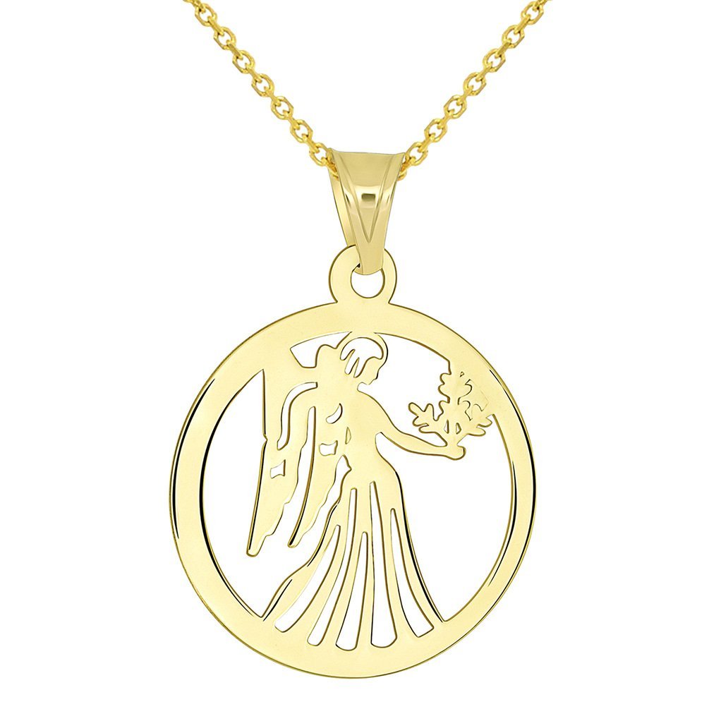 14k Yellow Gold Dainty Round Virgo Holding Wheat Zodiac Sign Cut-Out Disc Pendant Necklace