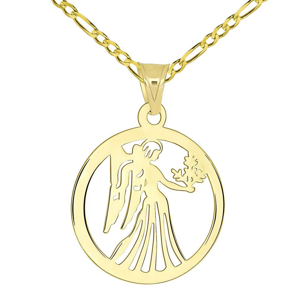 14k Yellow Gold Dainty Round Virgo Holding Wheat Zodiac Sign Cut-Out Disc Pendant with Figaro Chain Necklace