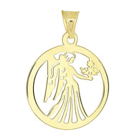 Load image into Gallery viewer, 14k Yellow Gold Dainty Round Virgo Holding Wheat Zodiac Sign Cut-Out Disc Pendant with Figaro Chain Necklace
