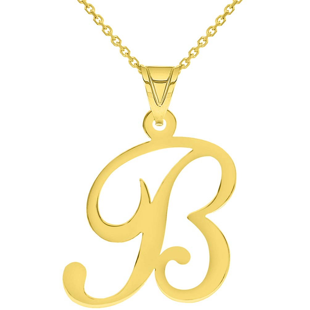 14k Yellow Gold Dainty Uppercase Script Initial B Cursive Letter Pendant Necklace