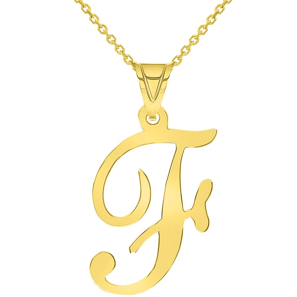 14k Yellow Gold Dainty Uppercase Script Initial F Cursive Letter Pendant Necklace
