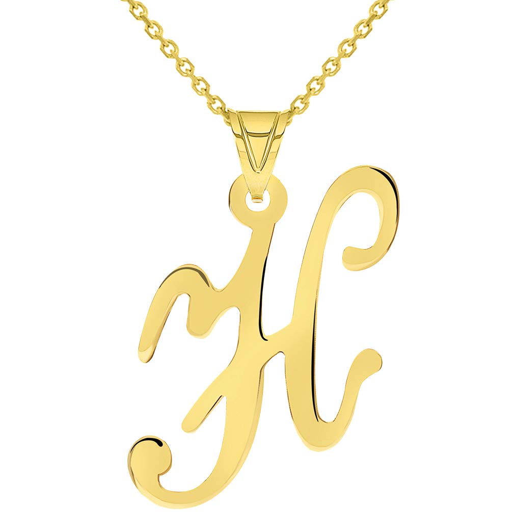 14k Yellow Gold Dainty Uppercase Script Initial H Cursive Letter Pendant Necklace