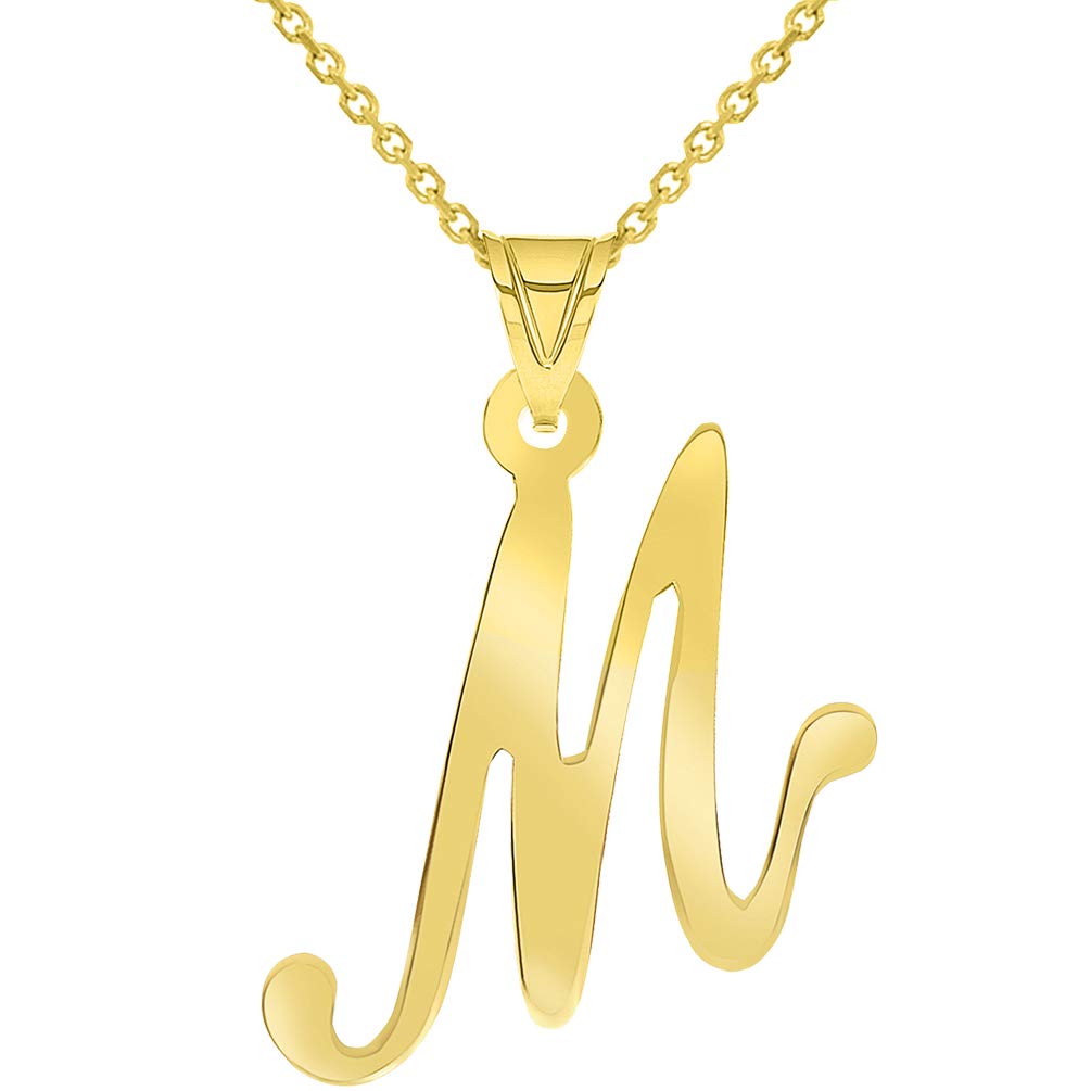 14k Yellow Gold Dainty Uppercase Script Initial M Cursive Letter Pendant Necklace