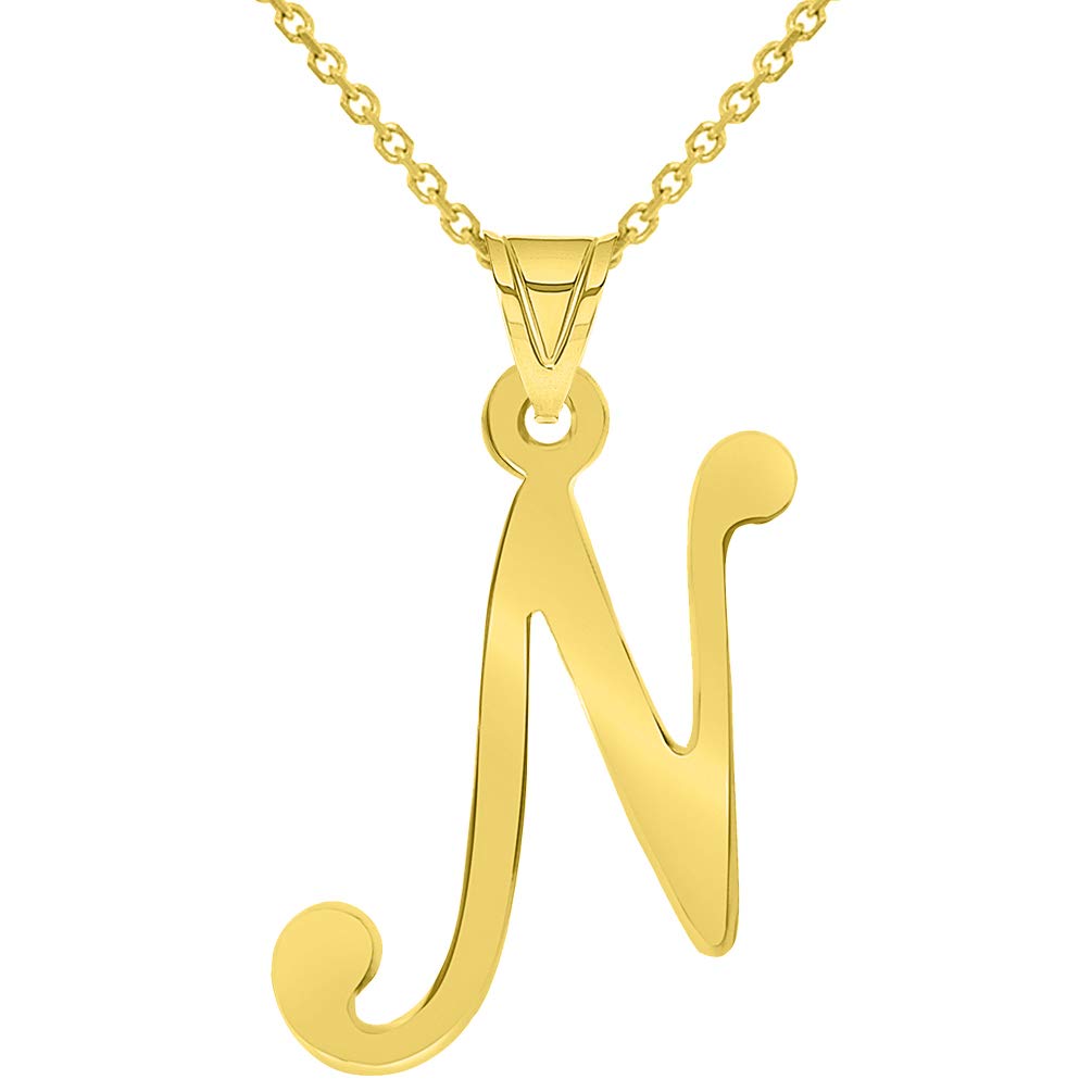 14k Yellow Gold Dainty Uppercase Script Initial N Cursive Letter Pendant Necklace