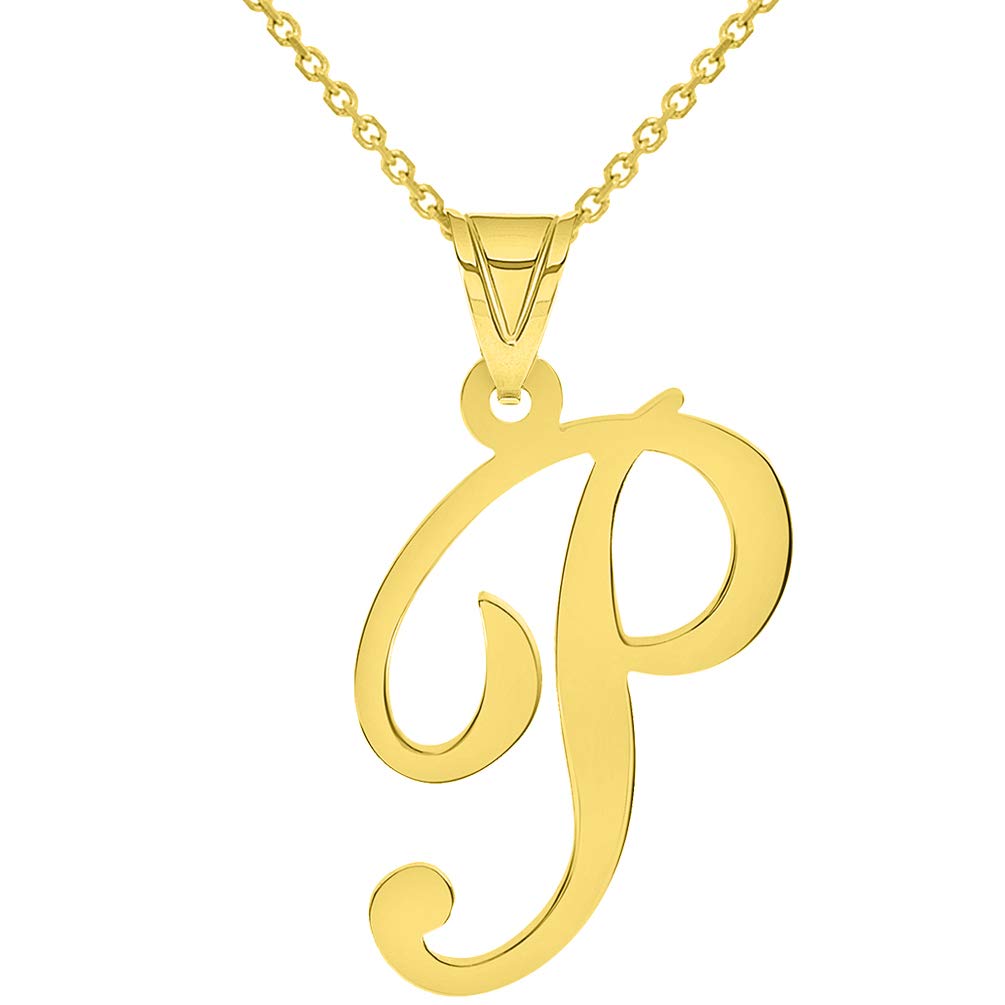 14k Yellow Gold Dainty Uppercase Script Initial P Cursive Letter Pendant Necklace