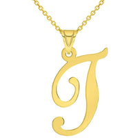 Load image into Gallery viewer, 14k Yellow Gold Dainty Uppercase Script Initial T Cursive Letter Pendant Necklace
