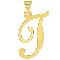 Load image into Gallery viewer, 14k Yellow Gold Dainty Uppercase Script Initial T Cursive Letter Pendant Necklace

