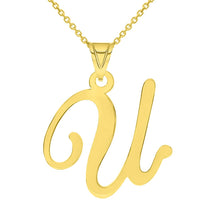 Load image into Gallery viewer, 14k Yellow Gold Dainty Uppercase Script Initial U Cursive Letter Pendant Necklace
