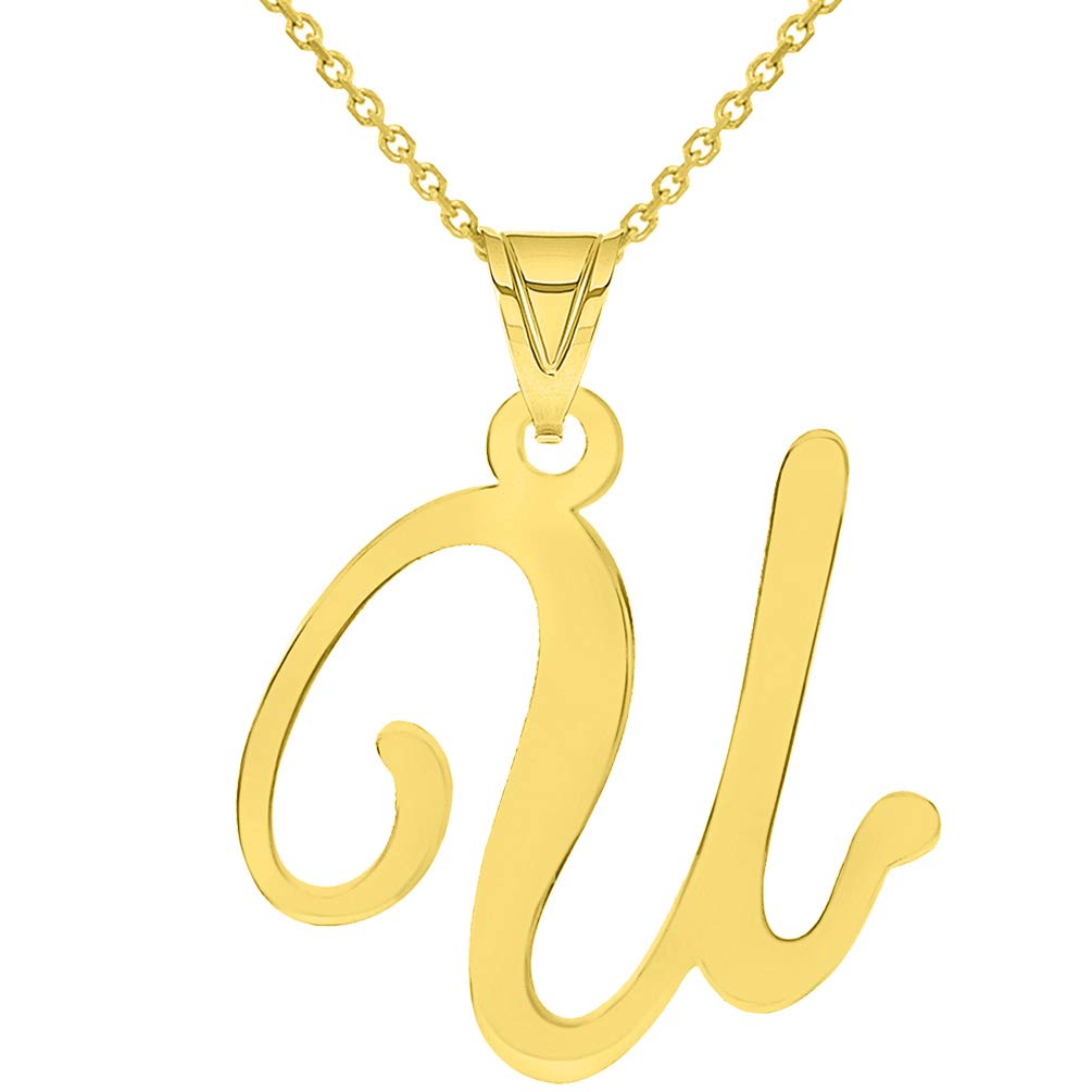 14k Yellow Gold Dainty Uppercase Script Initial U Cursive Letter Pendant Necklace
