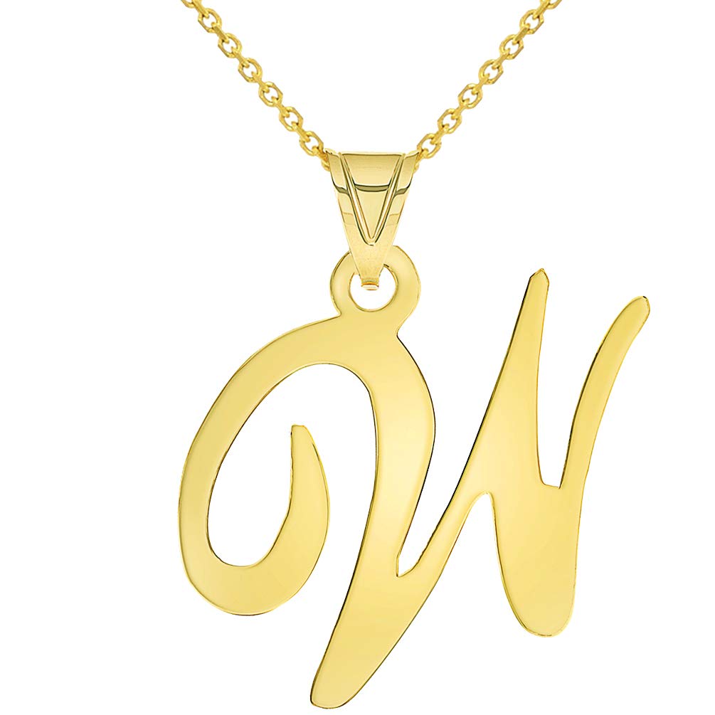14k Yellow Gold Dainty Uppercase Script Initial W Cursive Letter Pendant Necklace
