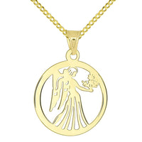 Load image into Gallery viewer, 14k Yellow Gold Dainty Round Virgo Holding Wheat Zodiac Sign Cut-Out Disc Pendant with Cuban Chain Necklace
