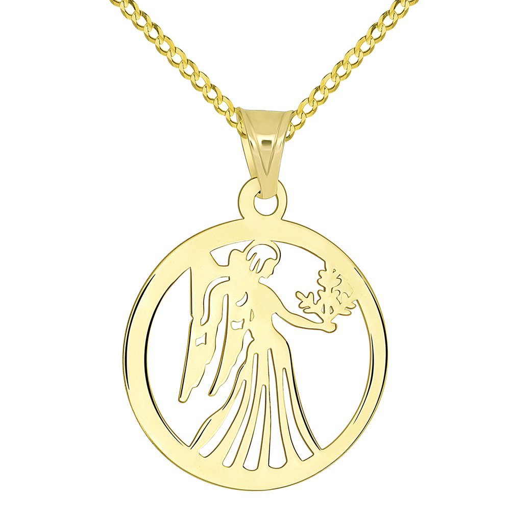 14k Yellow Gold Dainty Round Virgo Holding Wheat Zodiac Sign Cut-Out Disc Pendant with Cuban Chain Necklace