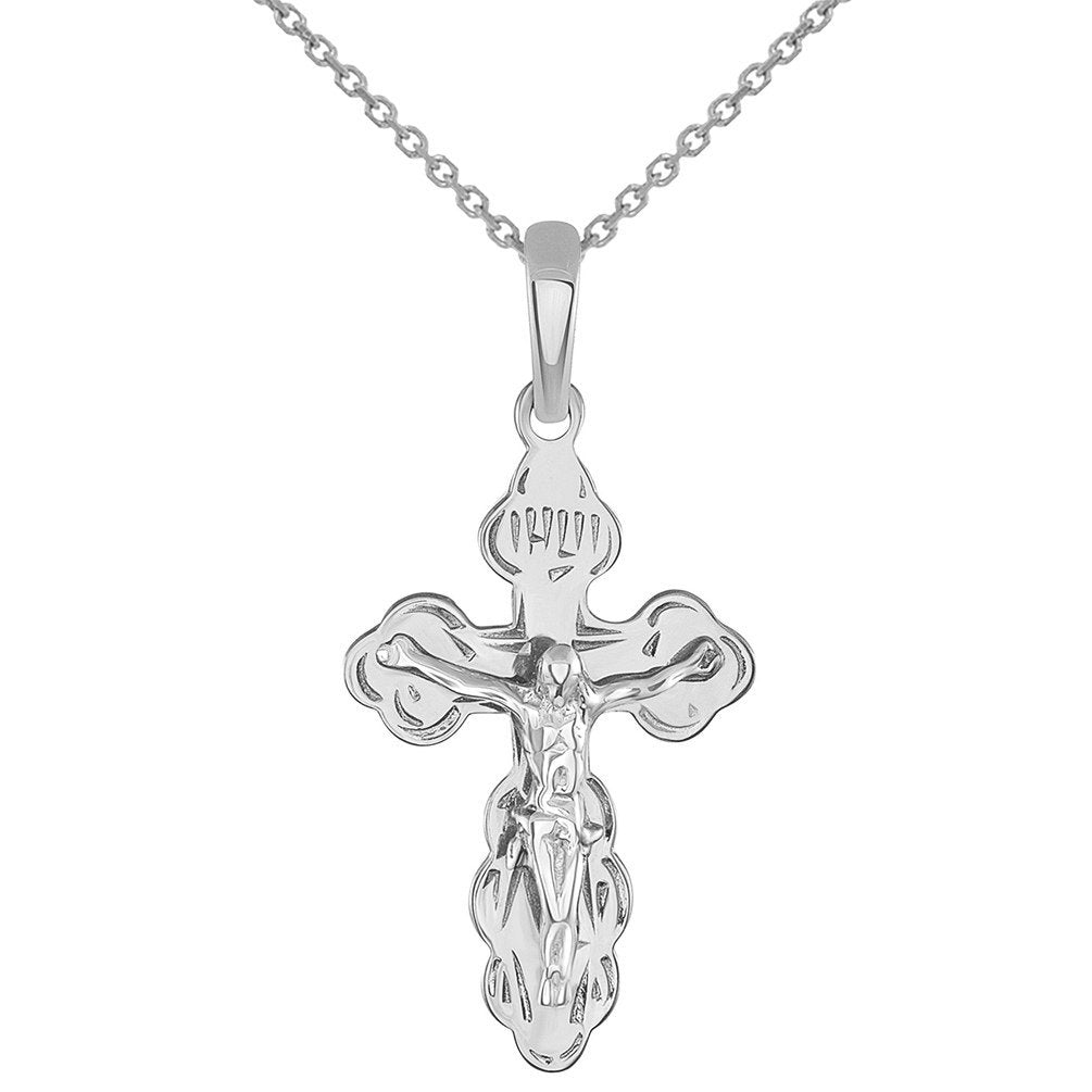 Solid 14k White Gold Eastern Orthodox Cross Save and Protect Crucifix Pendant Necklace