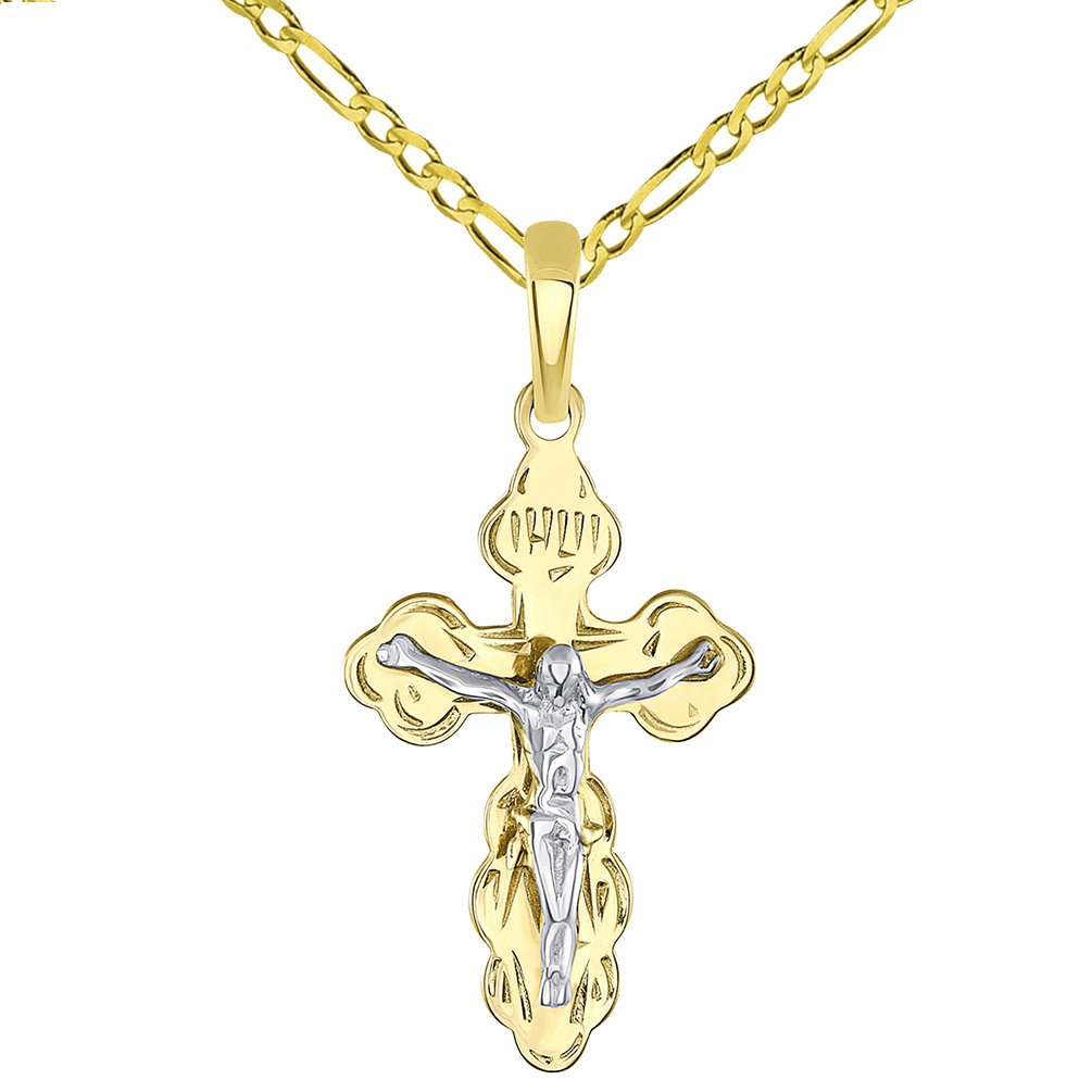 Solid 14k Two Tone Gold Eastern Orthodox Cross Save and Protect Crucifix Pendant with Figaro Chain Necklace