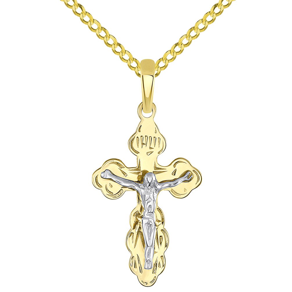 Solid 14k Two Tone Gold Eastern Orthodox Cross Save and Protect Crucifix Pendant with Cuban Chain Necklace