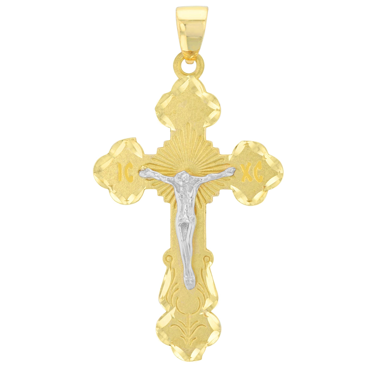 Solid 14K Two Tone Gold Eastern Orthodox Save and Protect Cross ICXC Crucifix Pendant