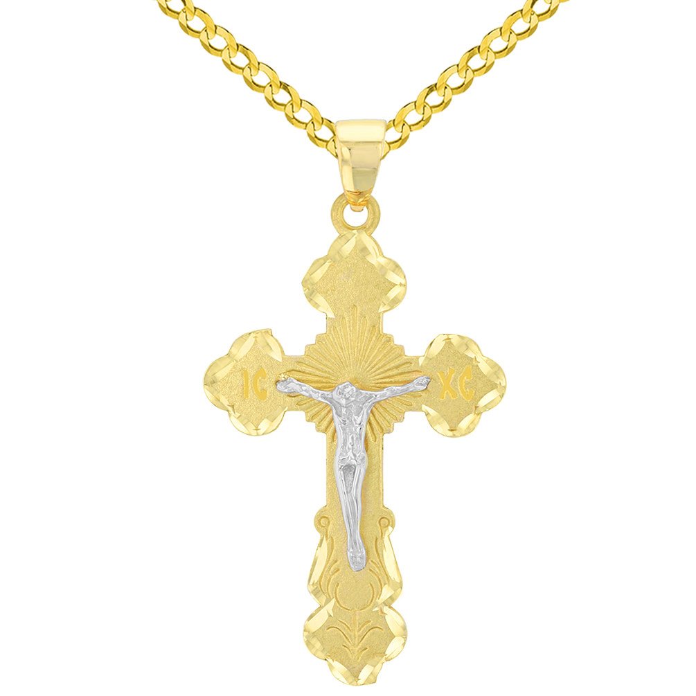 Solid 14K Two Tone Gold Eastern Orthodox Save and Protect Cross ICXC Crucifix Pendant with Cuban Necklace