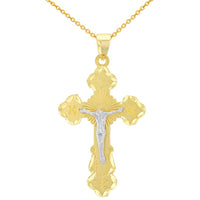 Load image into Gallery viewer, Solid 14K Two Tone Gold Eastern Orthodox Save and Protect Cross ICXC Crucifix Pendant with Cable, Curb, or Figaro Chain Necklaces
