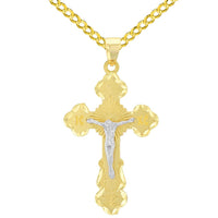 Load image into Gallery viewer, Solid 14K Two Tone Gold Eastern Orthodox Save and Protect Cross ICXC Crucifix Pendant with Cable, Curb, or Figaro Chain Necklaces
