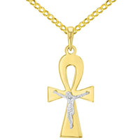 Load image into Gallery viewer, Solid 14K Two-Tone Egyptian Ankh Cross with Jesus Christ Crucifix Pendant Cuban Chain Necklace
