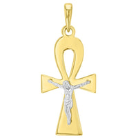 Load image into Gallery viewer, Solid 14K Two-Tone Egyptian Ankh Cross with Jesus Christ Crucifix Pendant
