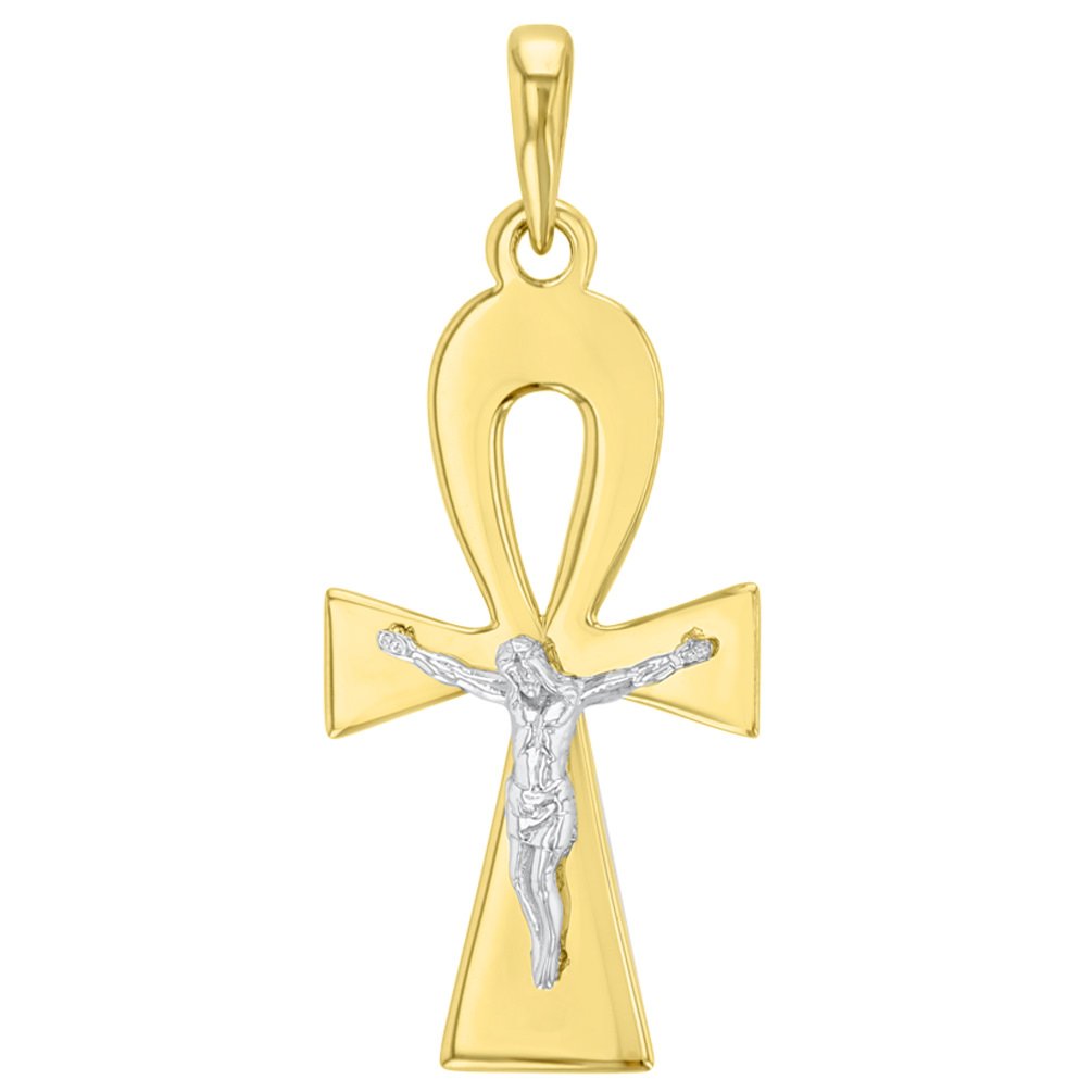 Solid 14K Two-Tone Egyptian Ankh Cross with Jesus Christ Crucifix Pendant