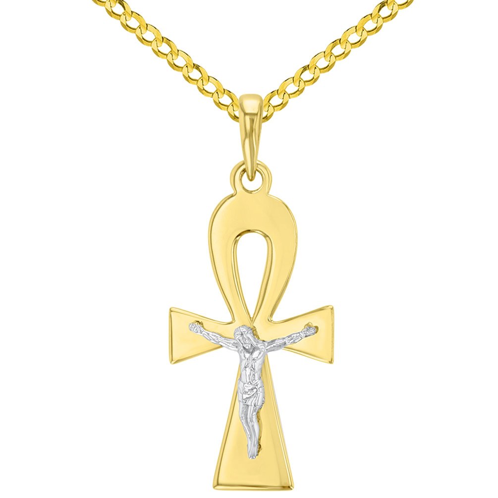 Solid 14K Two-Tone Egyptian Ankh Cross with Jesus Christ Crucifix Pendant Cuban Chain Necklace