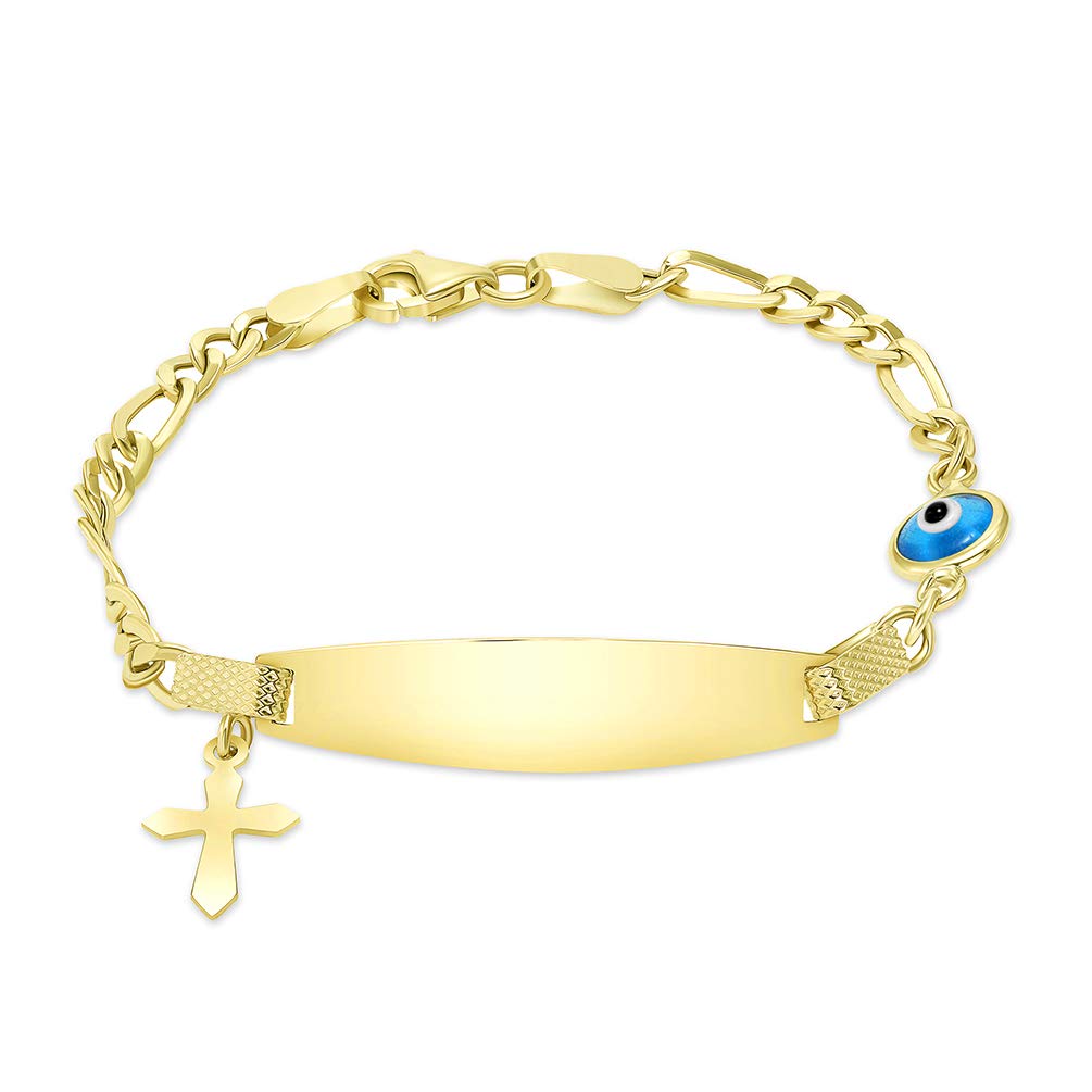 14k Yellow Gold or White Gold Engravable ID Figaro Link Bracelet with Religious Cross and Evil Eye Charm