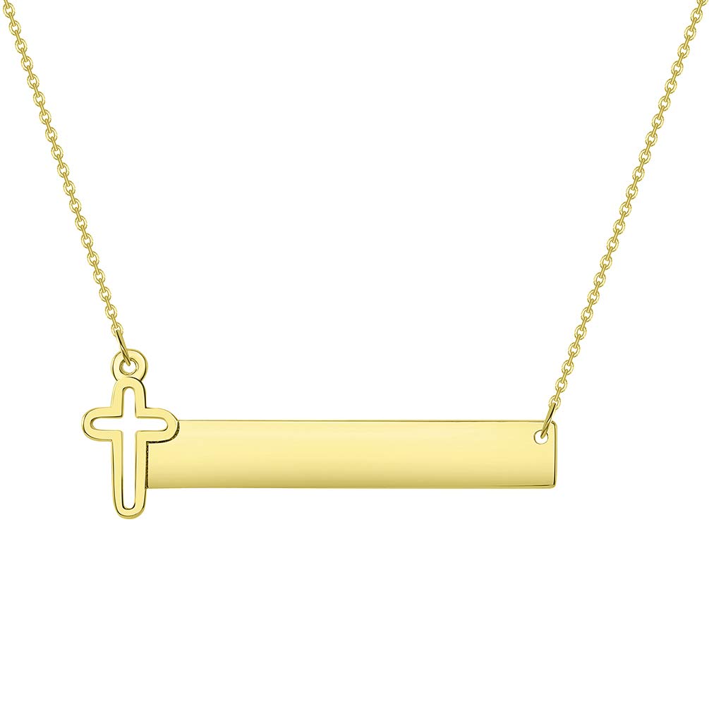 Solid 14k Gold Engravable Personalized Bar with Religious Cross Necklace (Adjustable Chain 16" to 18") - Yellow Gold