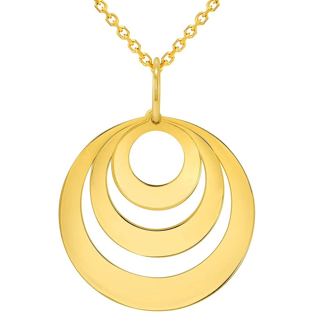 Solid 14k Yellow Gold Engravable Three Circle Name Charm Personalized Round Disc Pendant with Rolo Cable, Curb Cuban, or Figaro Chain Necklace