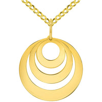 Load image into Gallery viewer, Solid 14k Yellow Gold Engravable Three Circle Name Charm Personalized Round Disc Pendant with Rolo Cable, Curb Cuban, or Figaro Chain Necklace
