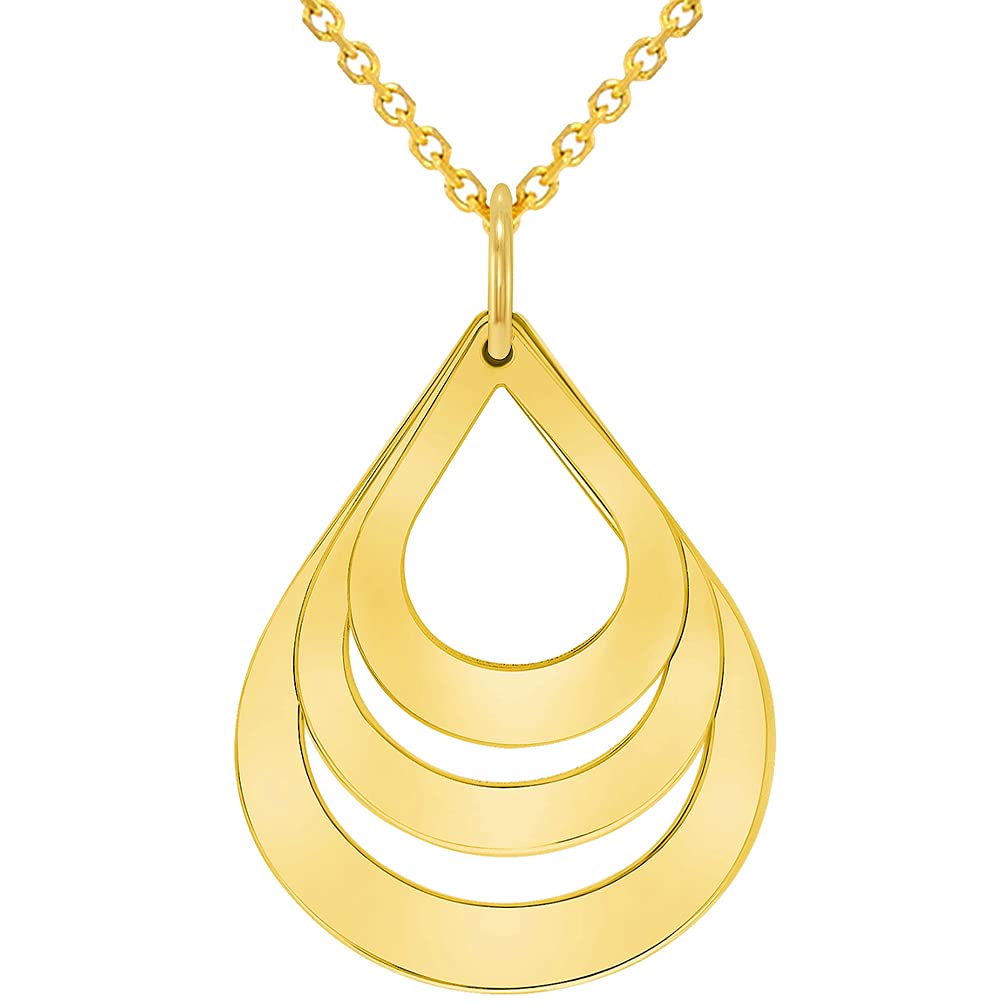 Solid 14k Yellow Gold Engravable Three Teardrop Name Drop Shaped Personalized Pendant with Rolo Cable, Curb Cuban, or Figaro Chain Necklace