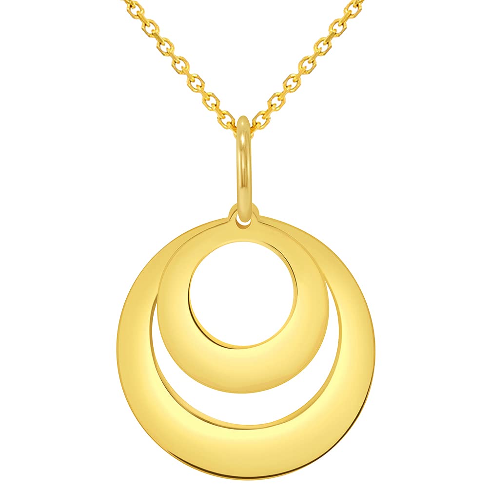 Solid 14k Yellow Gold Engravable Two Circle Name Charm Personalized Round Disc Pendant with Rolo Cable, Curb Cuban, or Figaro Chain Necklace