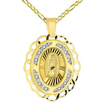 Load image into Gallery viewer, 14k Yellow Gold Fancy Our Lady of Guadalupe Mary CZ Studded Oval Medallion Charm Pendant Figaro Necklace
