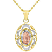 Load image into Gallery viewer, Solid 14k Tri-Color Gold Filigree Our Lady of Guadalupe Oval Medallion Charm Pendant Necklace

