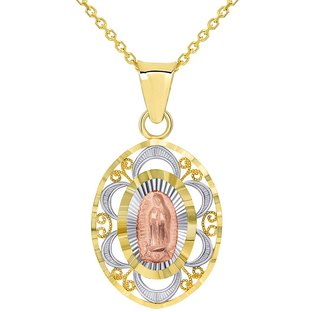 Solid 14k Tri-Color Gold Filigree Our Lady of Guadalupe Oval Medallion Charm Pendant Necklace