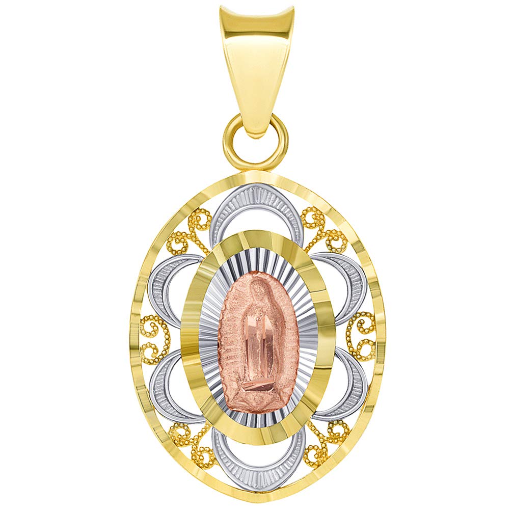 Solid 14k Tri-Color Gold Filigree Our Lady of Guadalupe Oval Medallion Charm Pendant