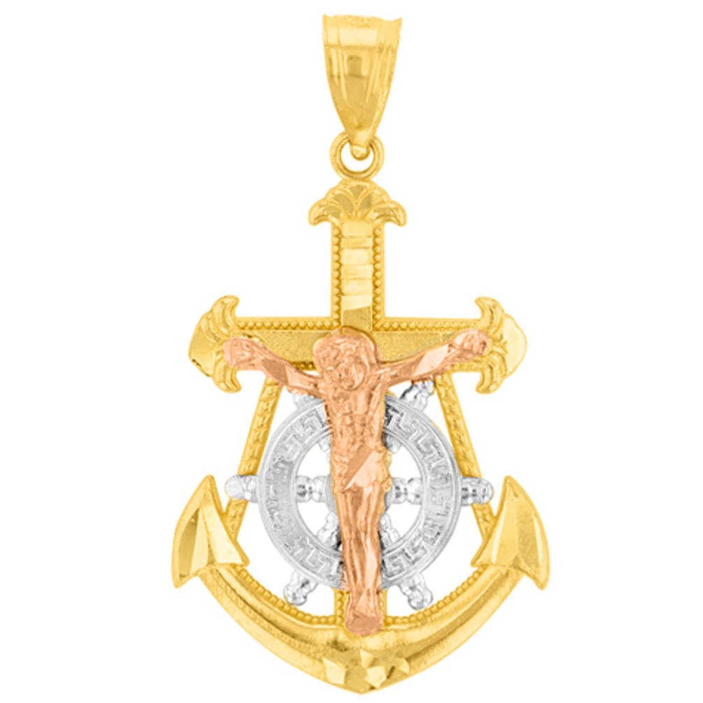 Solid 14K Tri-Color Gold Fleur de Lis Anchor with Mariner's Cross Jesus Crucifix Pendant
