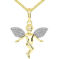 Load image into Gallery viewer, 14k Yellow Gold Floating Guardian Angel with Micro Pave CZ Wings Pendant Cuban Chain Necklace
