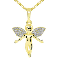 Load image into Gallery viewer, 14k Yellow Gold Flying Guardian Angel with Micro Pave CZ Wings Pendant Cuban Chain Necklace
