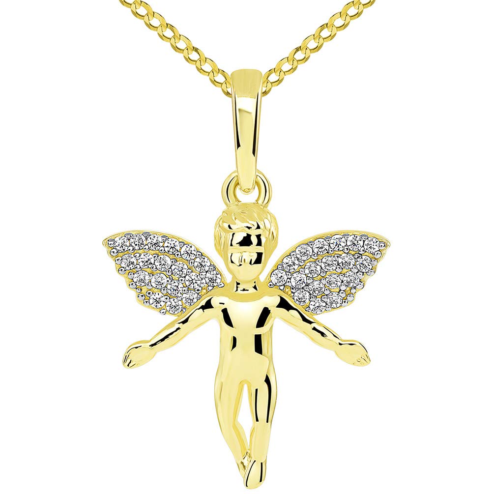 14k Yellow Gold Flying Guardian Angel with Micro Pave CZ Wings Pendant Cuban Chain Necklace