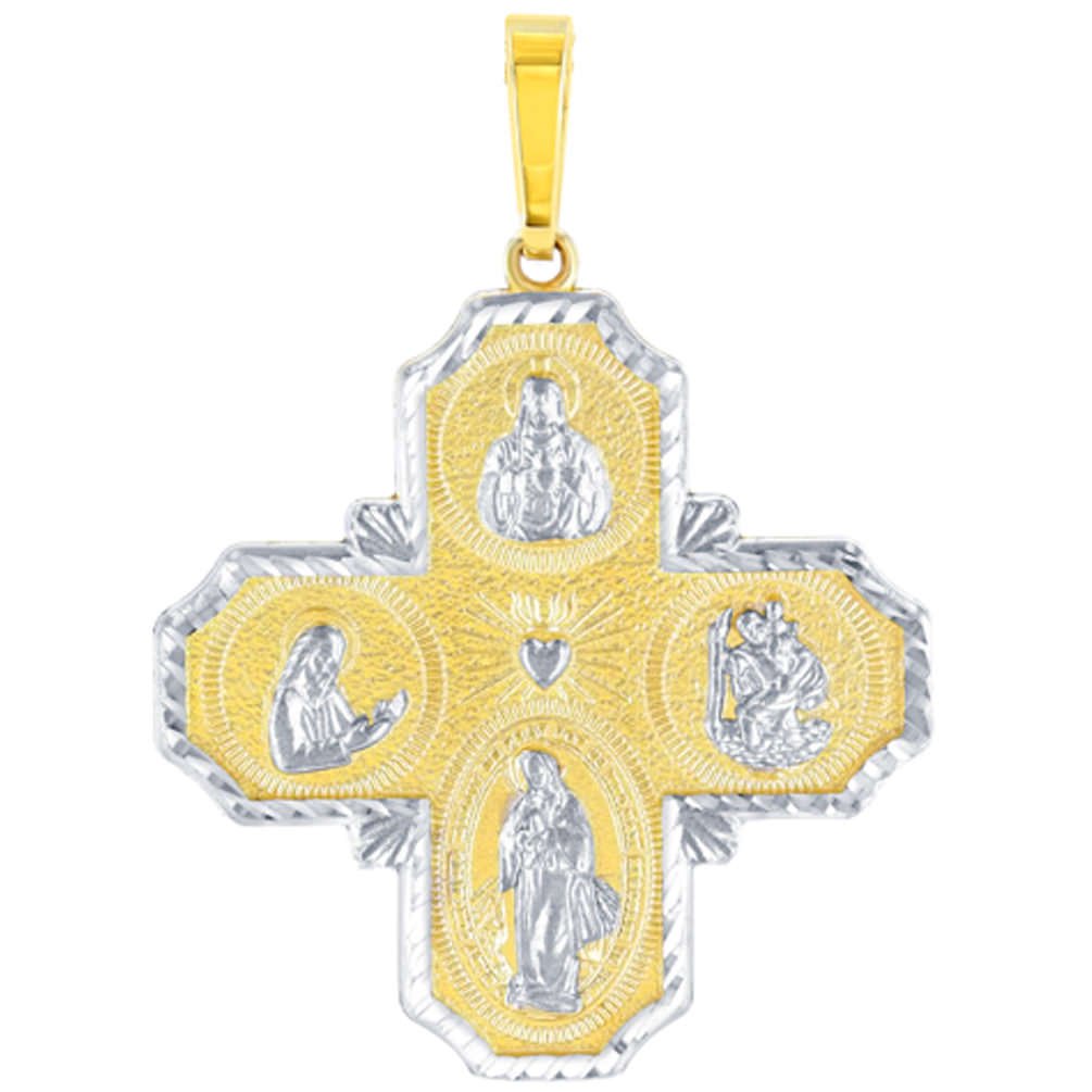 14K Yellow Gold Four Way Cross Charm I Am Catholic Please Call A Priest Pendant with Texture
